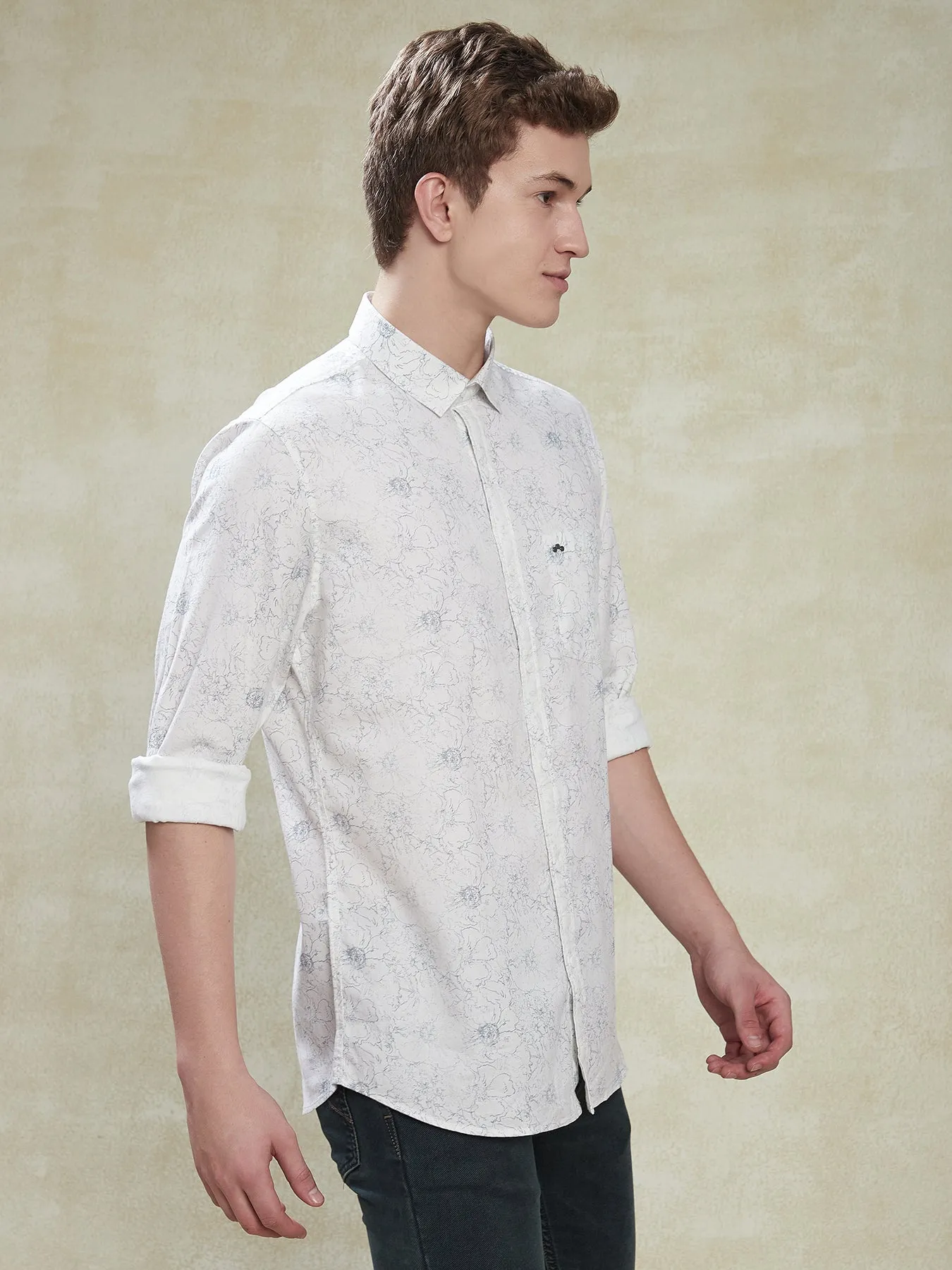 100% Cotton White Slim Fit Full Sleeve Casual Mens Printed Shirt