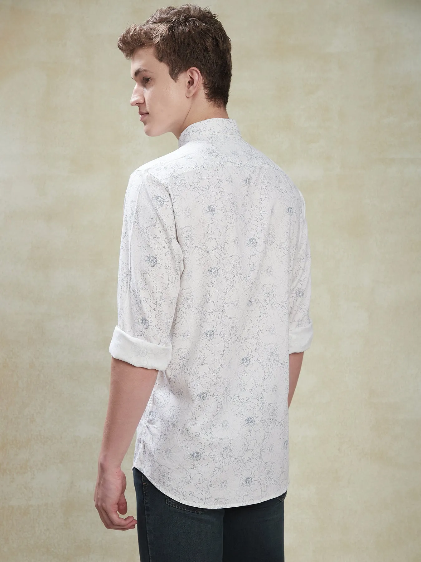 100% Cotton White Slim Fit Full Sleeve Casual Mens Printed Shirt