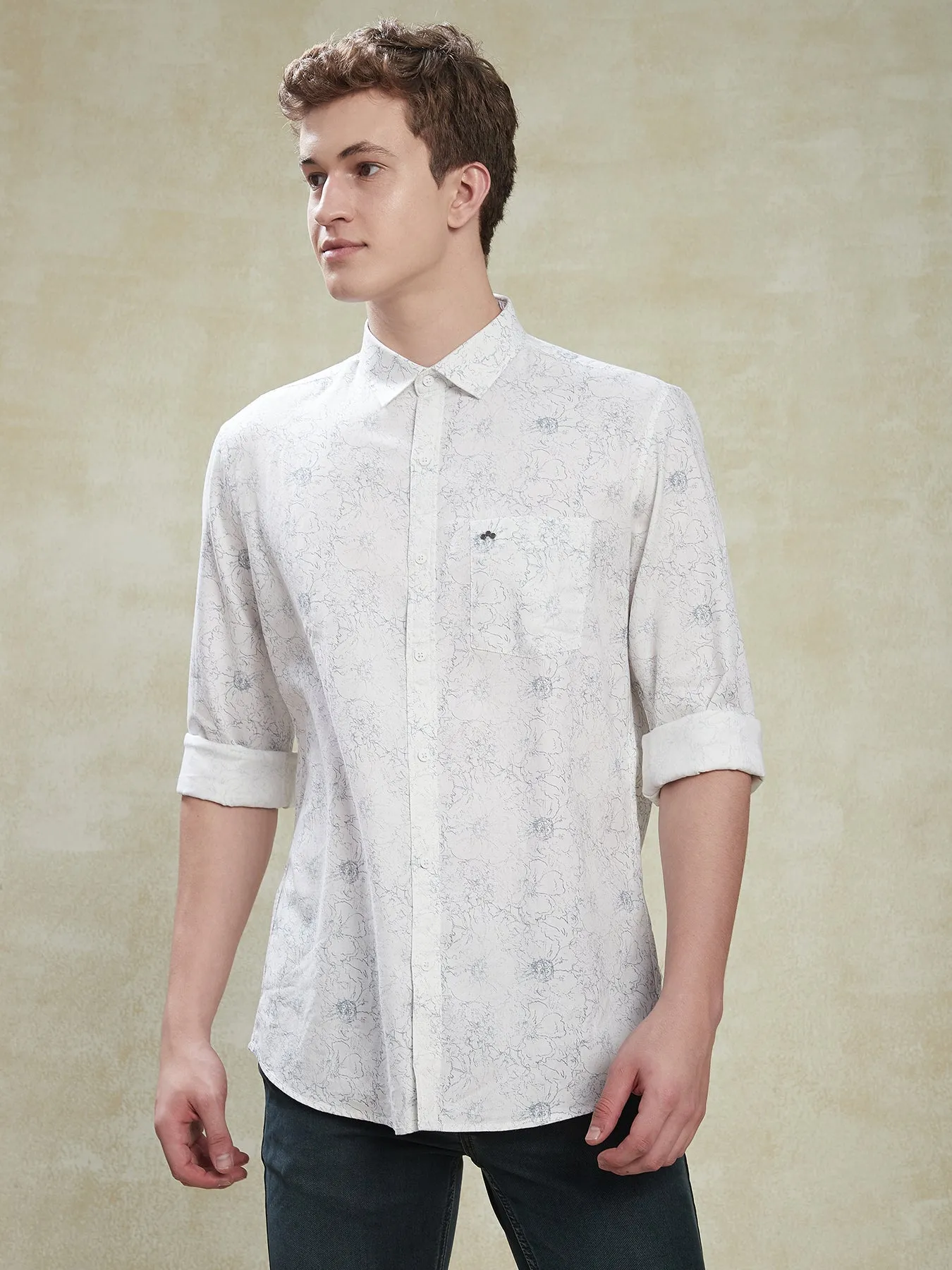 100% Cotton White Slim Fit Full Sleeve Casual Mens Printed Shirt