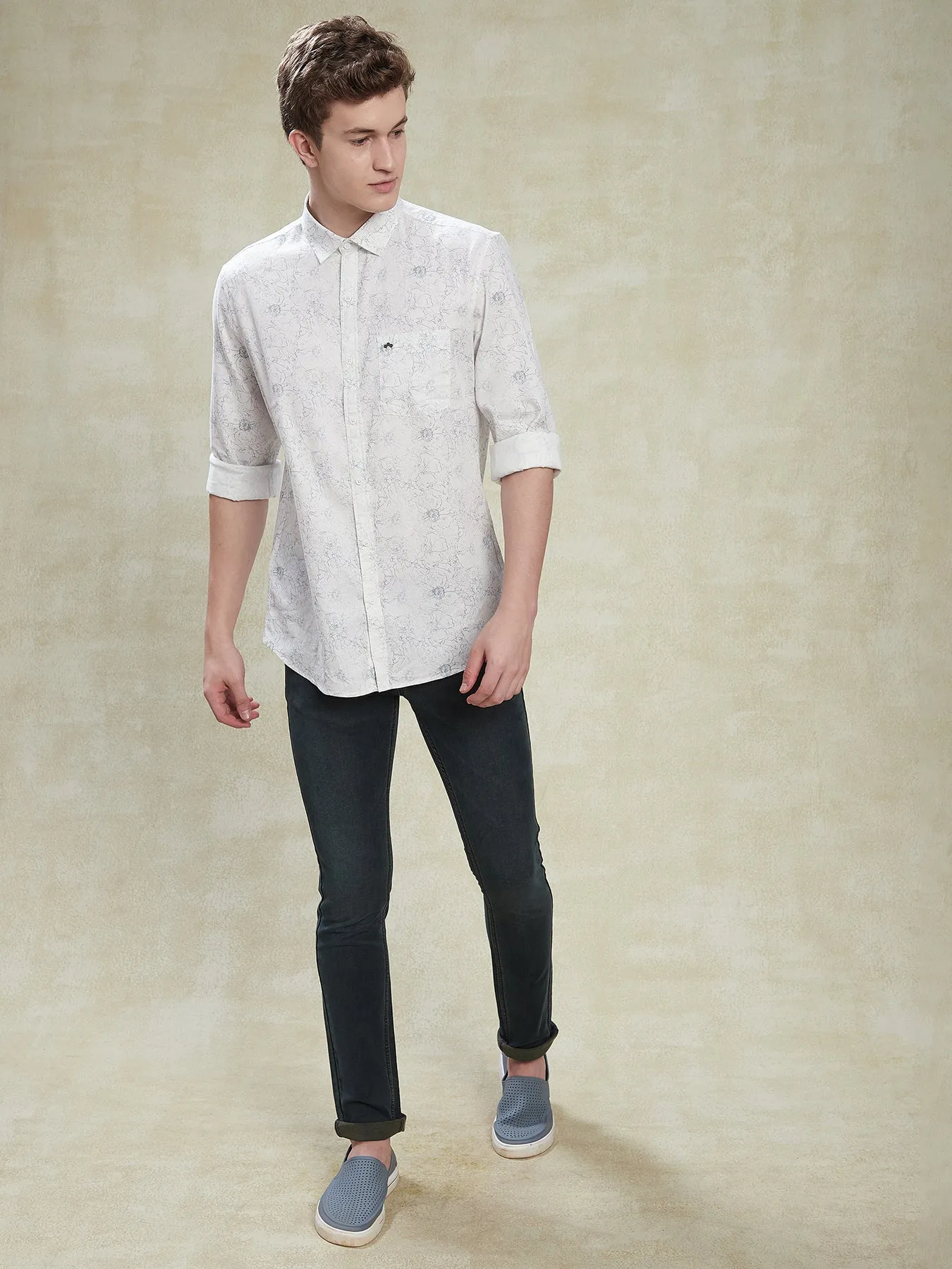 100% Cotton White Slim Fit Full Sleeve Casual Mens Printed Shirt