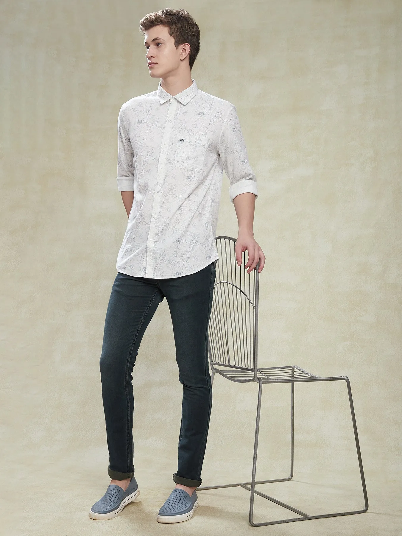 100% Cotton White Slim Fit Full Sleeve Casual Mens Printed Shirt