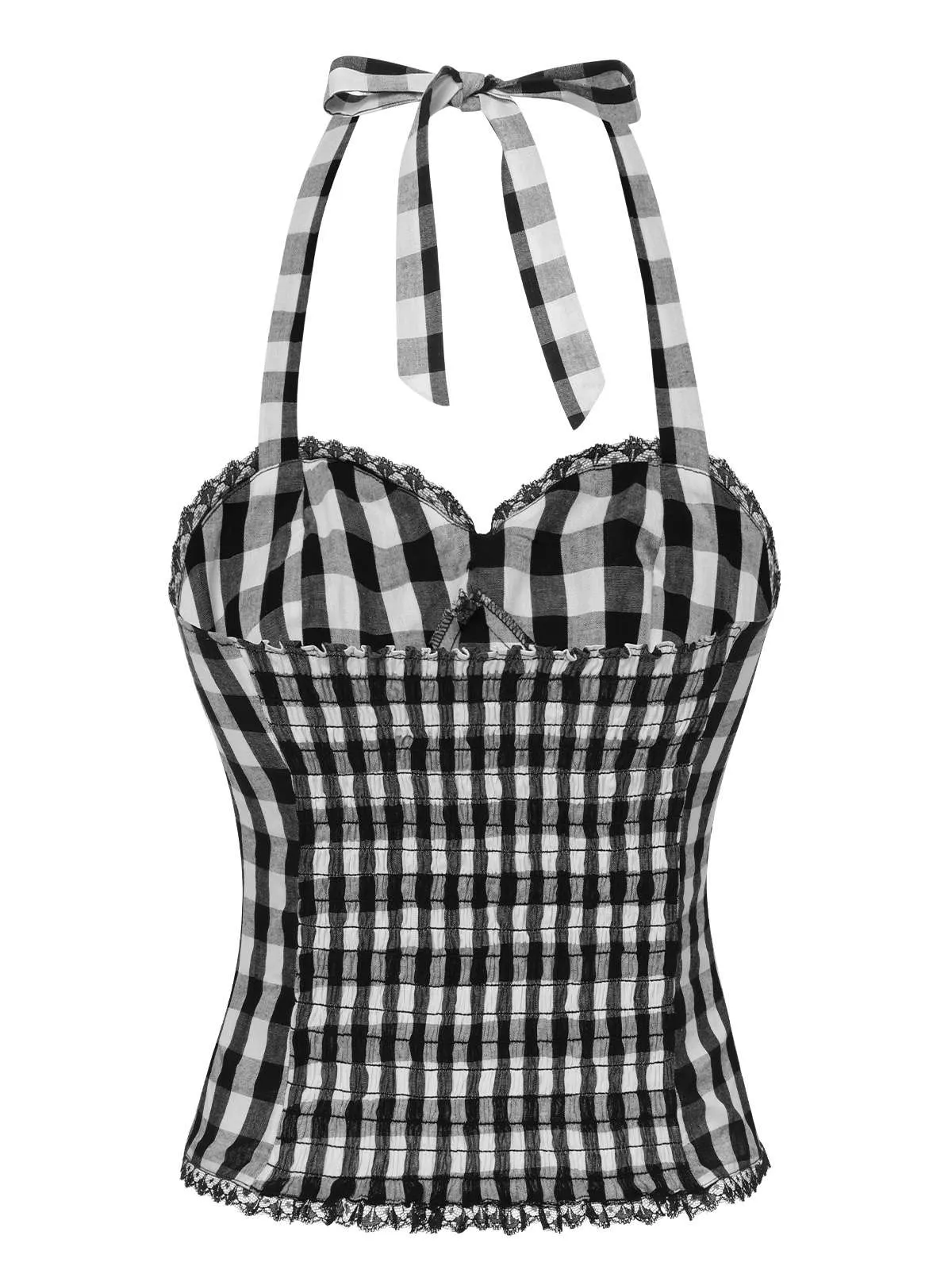 2PCS Black 1950s Plaid Halter Top & Umbrella Skirt