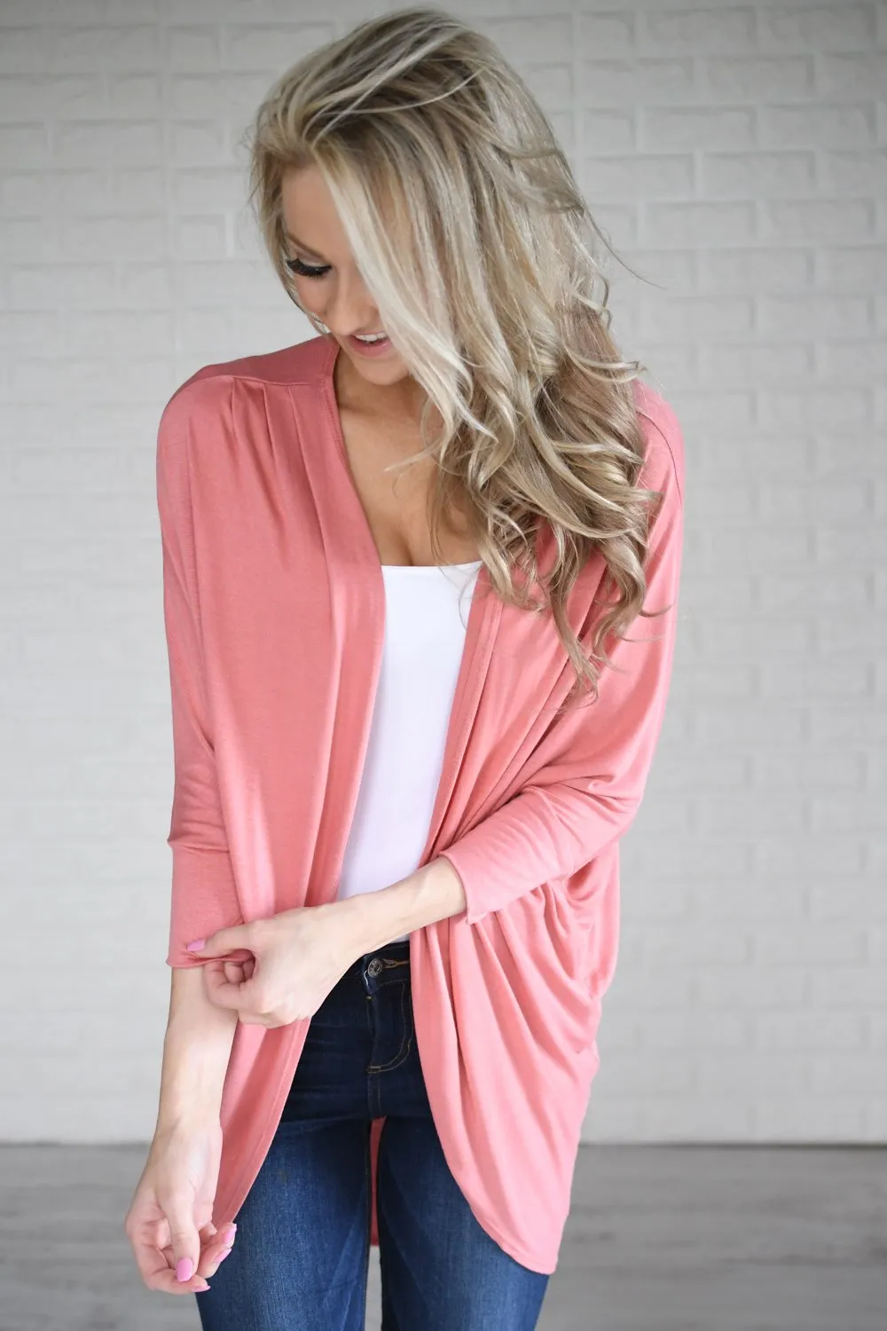3/4 Sleeve Pink Drape Cardigan