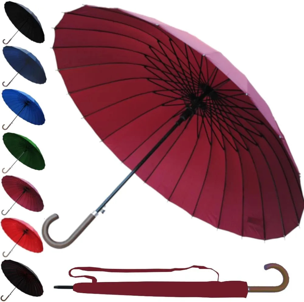 60MPH Windproof 24 Rib Large Strong Umbrella - XL Automatic Heavy Duty Golf Umbrella For Rain and Wind - 3 Layer Frame - Wooden Hook Handle - Best for Most Ribs