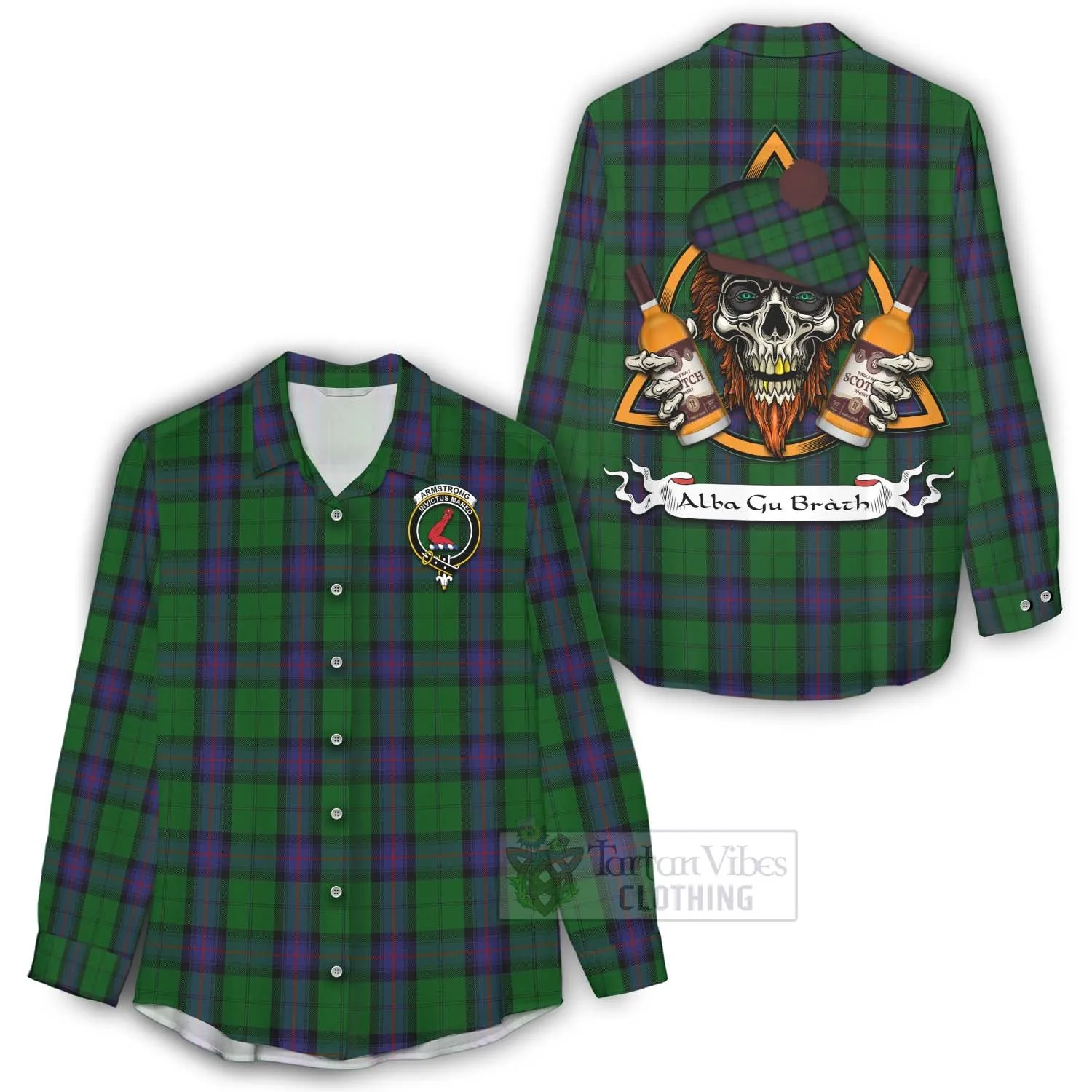 Armstrong Tartan Women's Casual Shirt with Family Crest and Bearded Skull Holding Bottles of Whiskey