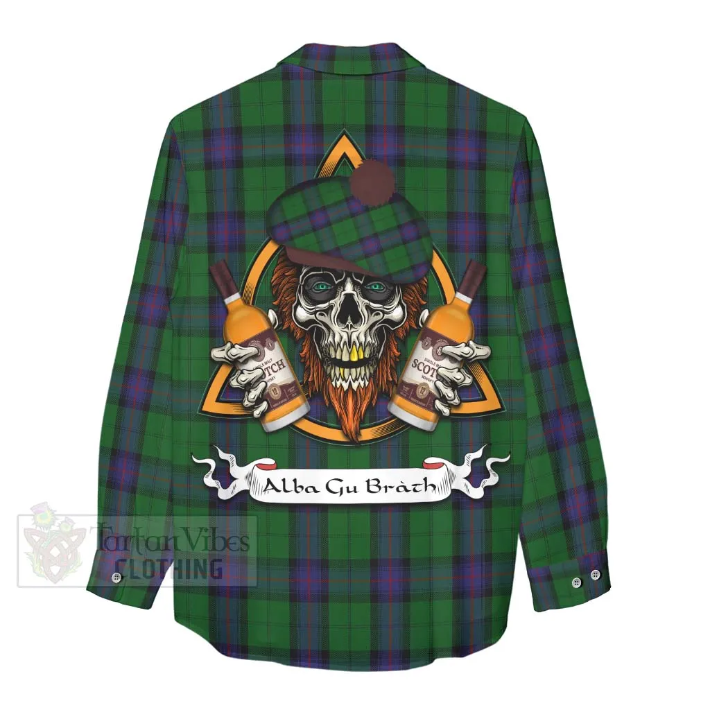 Armstrong Tartan Women's Casual Shirt with Family Crest and Bearded Skull Holding Bottles of Whiskey