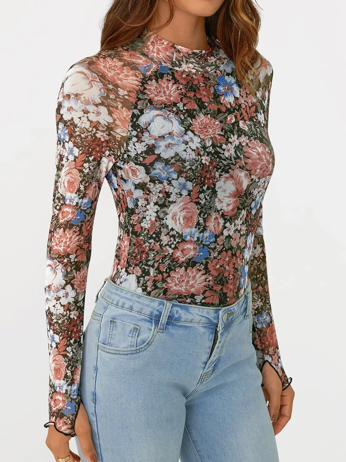 AUTOMET Lace Long Sleeve Floral Mesh Mockneck Going Out Tops for Women Spring Fashion Outfits 2025