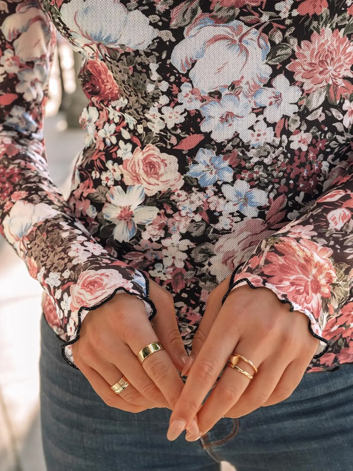 AUTOMET Lace Long Sleeve Floral Mesh Mockneck Going Out Tops for Women Spring Fashion Outfits 2025