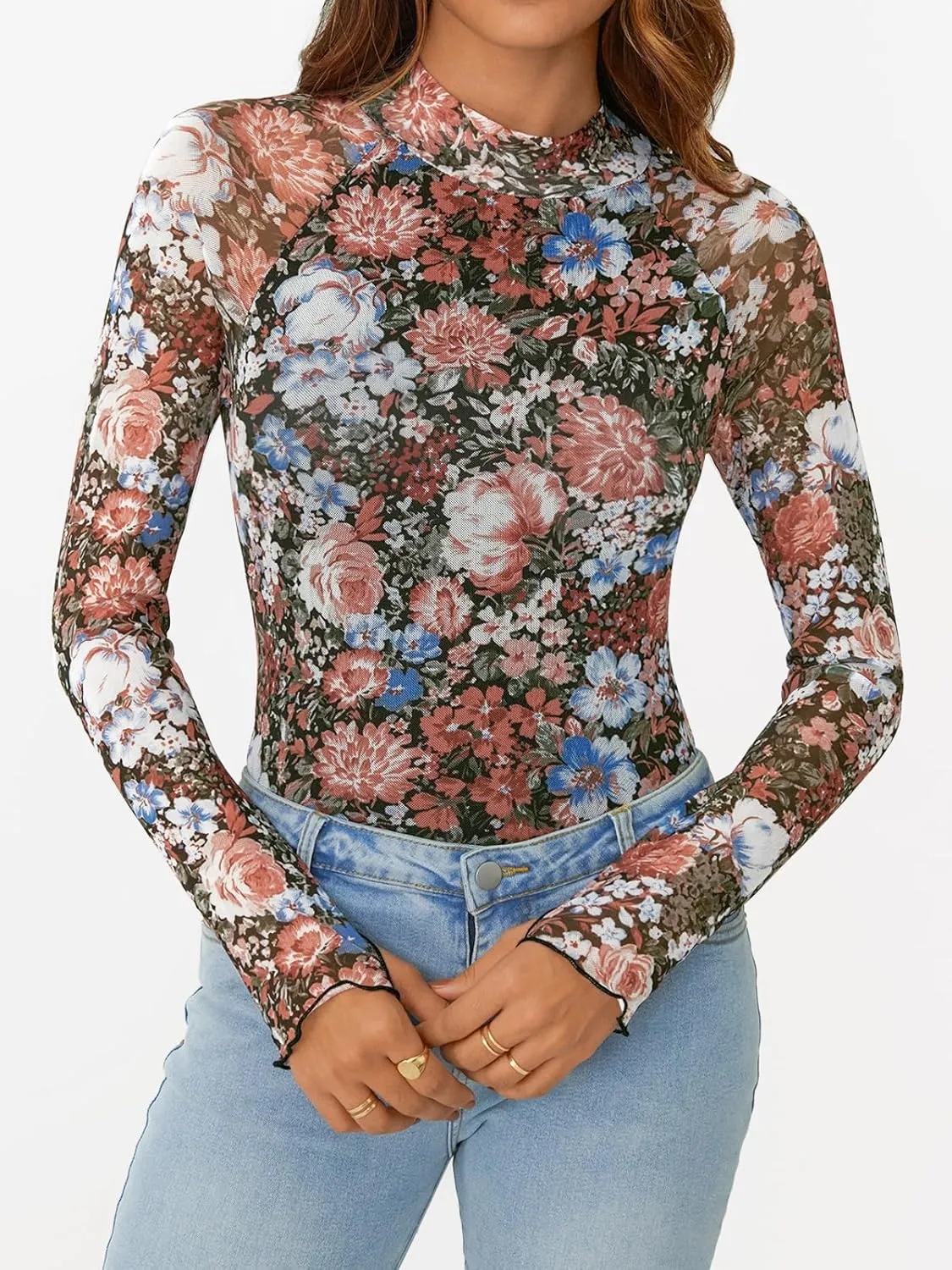 AUTOMET Lace Long Sleeve Floral Mesh Mockneck Going Out Tops for Women Spring Fashion Outfits 2025