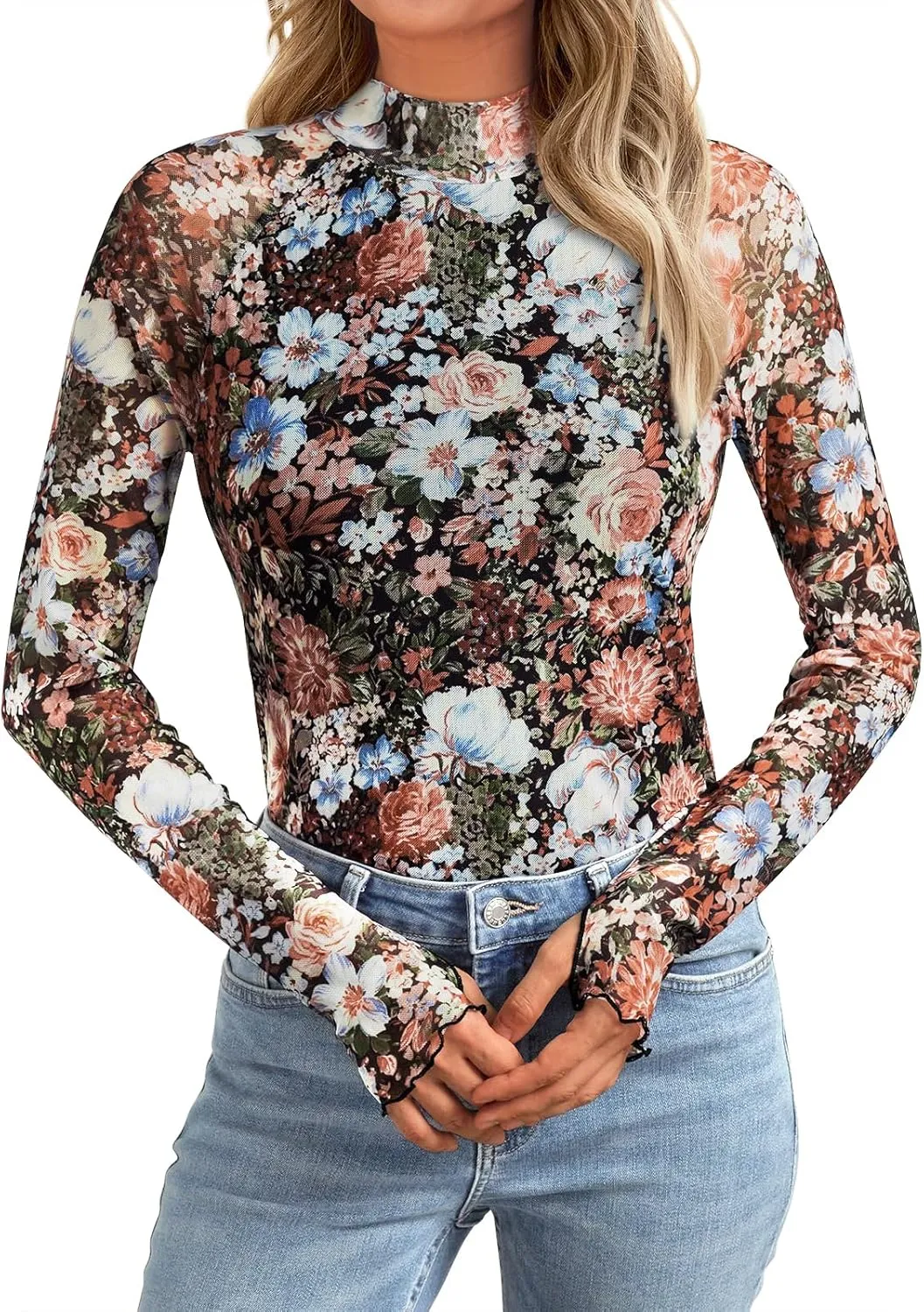 AUTOMET Lace Long Sleeve Floral Mesh Mockneck Going Out Tops for Women Spring Fashion Outfits 2025