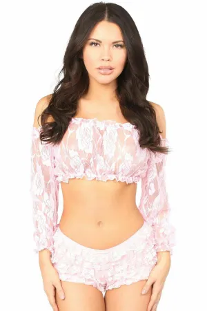 Baby Pink Sheer Lace Long Sleeve Peasant Top