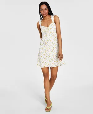Bar III Women's Ruffled Smocked Tie Textured Lined Floral Sleeveless V Neck Short Fit Flare Dress White Size Small