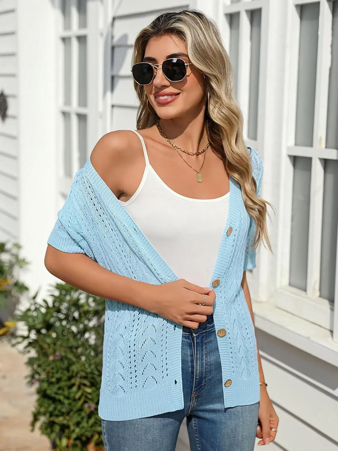BB&KK Women's Crochet Open Front Cardigan Button Short Sleeve V Neck Soft Knitted Sweater Outerwear Cover Up