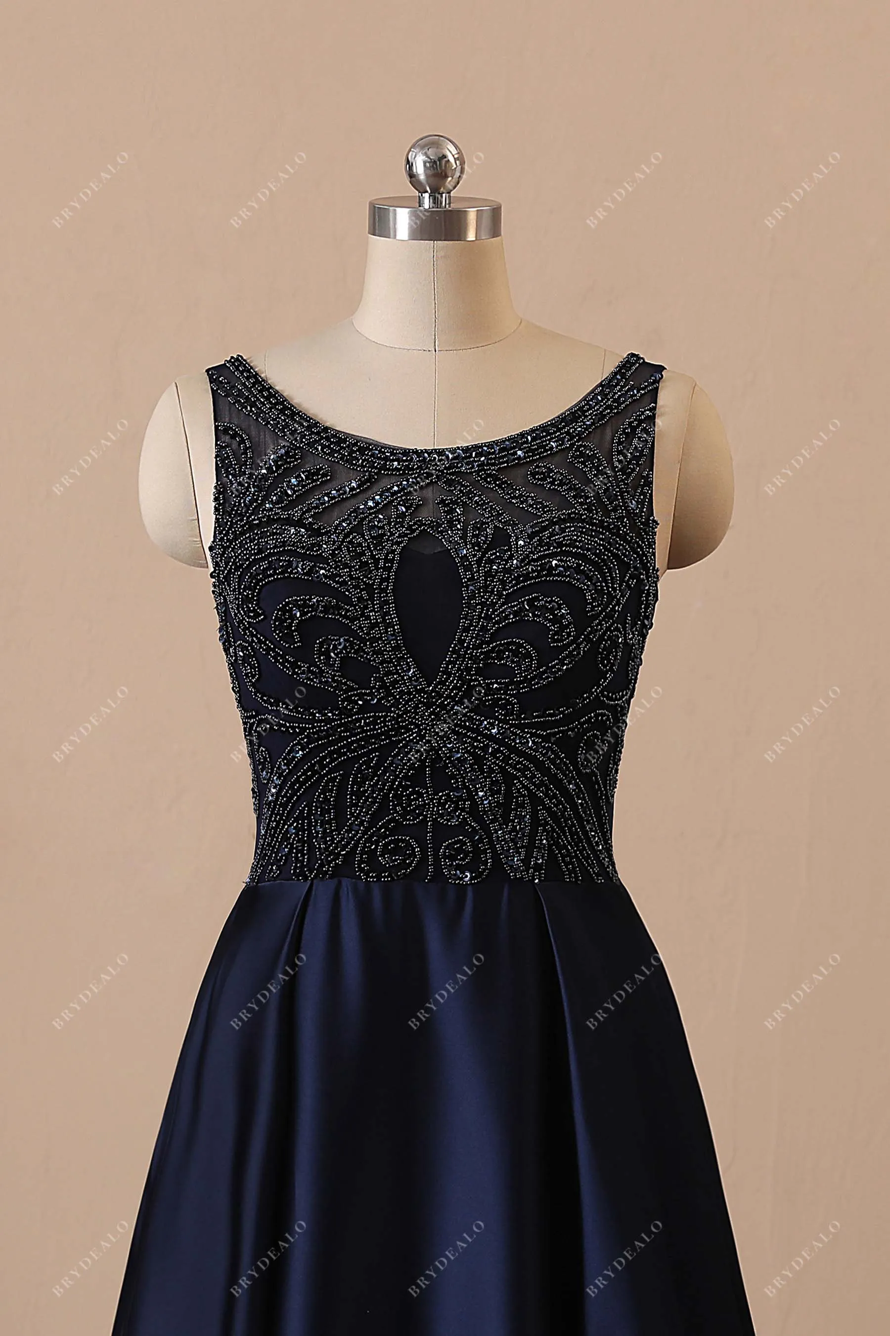 Beaded Bodice Navy Satin Illusion Back A-line Prom Dress