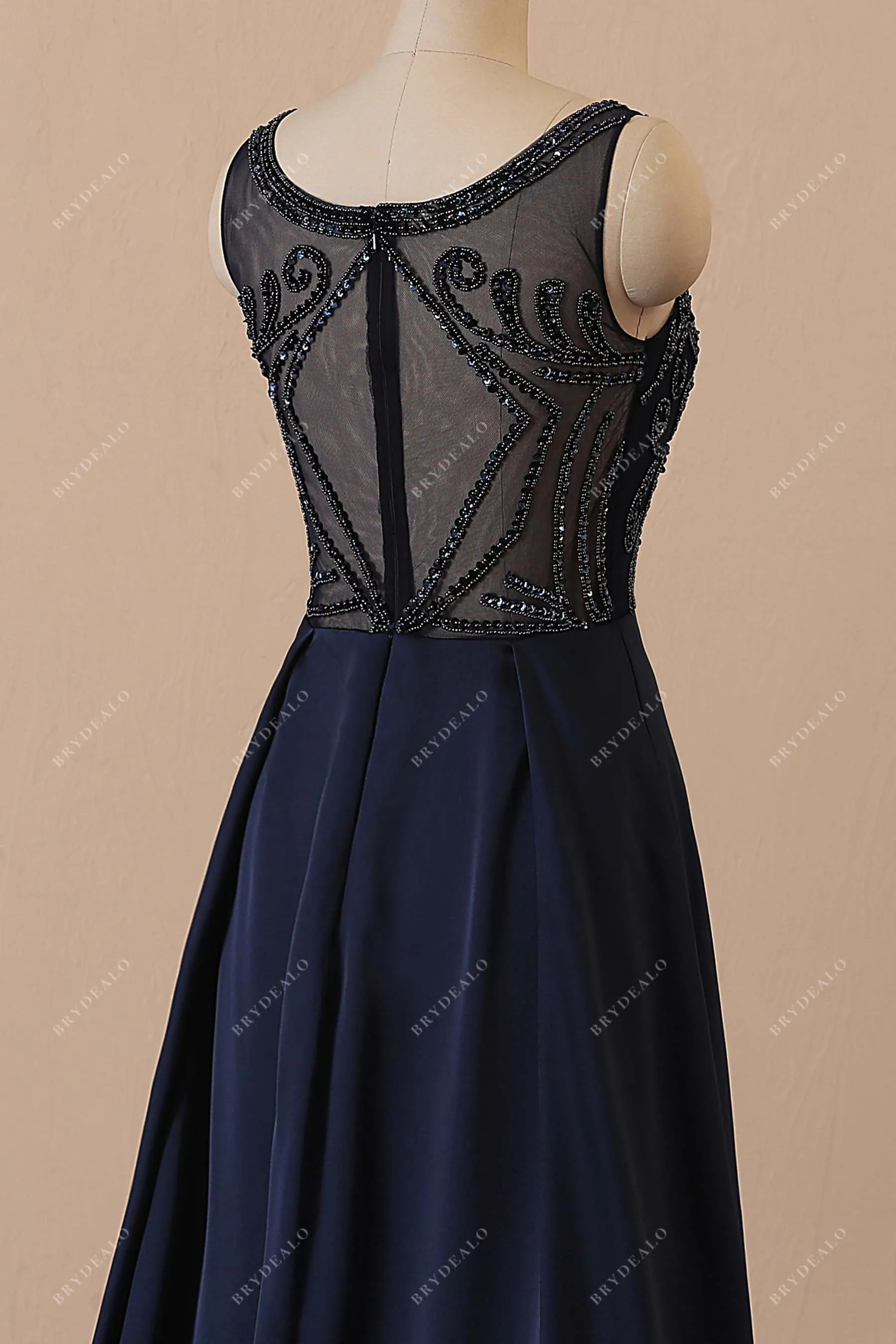 Beaded Bodice Navy Satin Illusion Back A-line Prom Dress