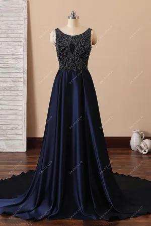 Beaded Bodice Navy Satin Illusion Back A-line Prom Dress