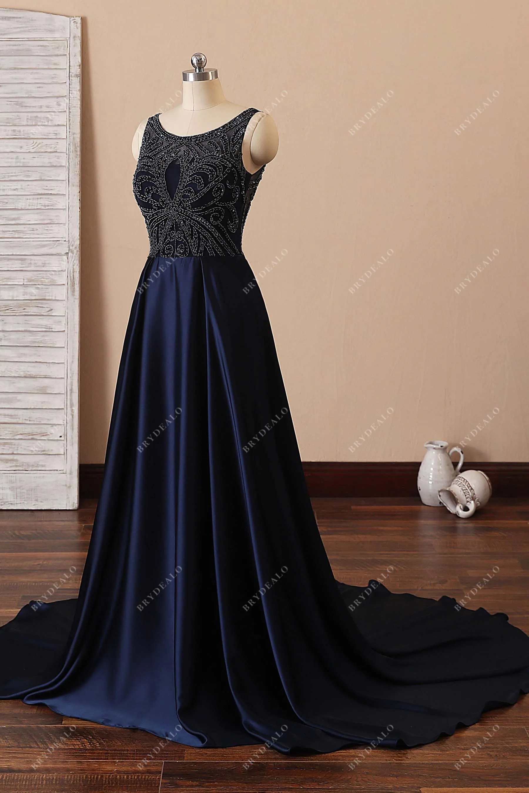 Beaded Bodice Navy Satin Illusion Back A-line Prom Dress