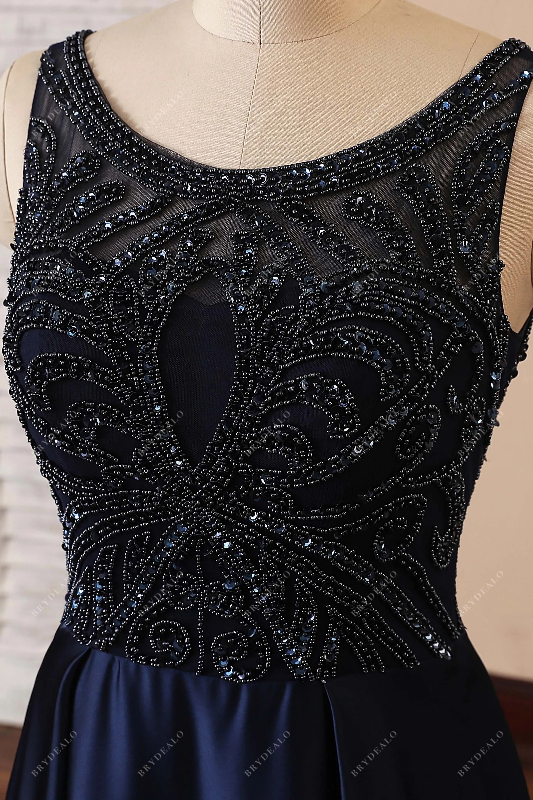 Beaded Bodice Navy Satin Illusion Back A-line Prom Dress