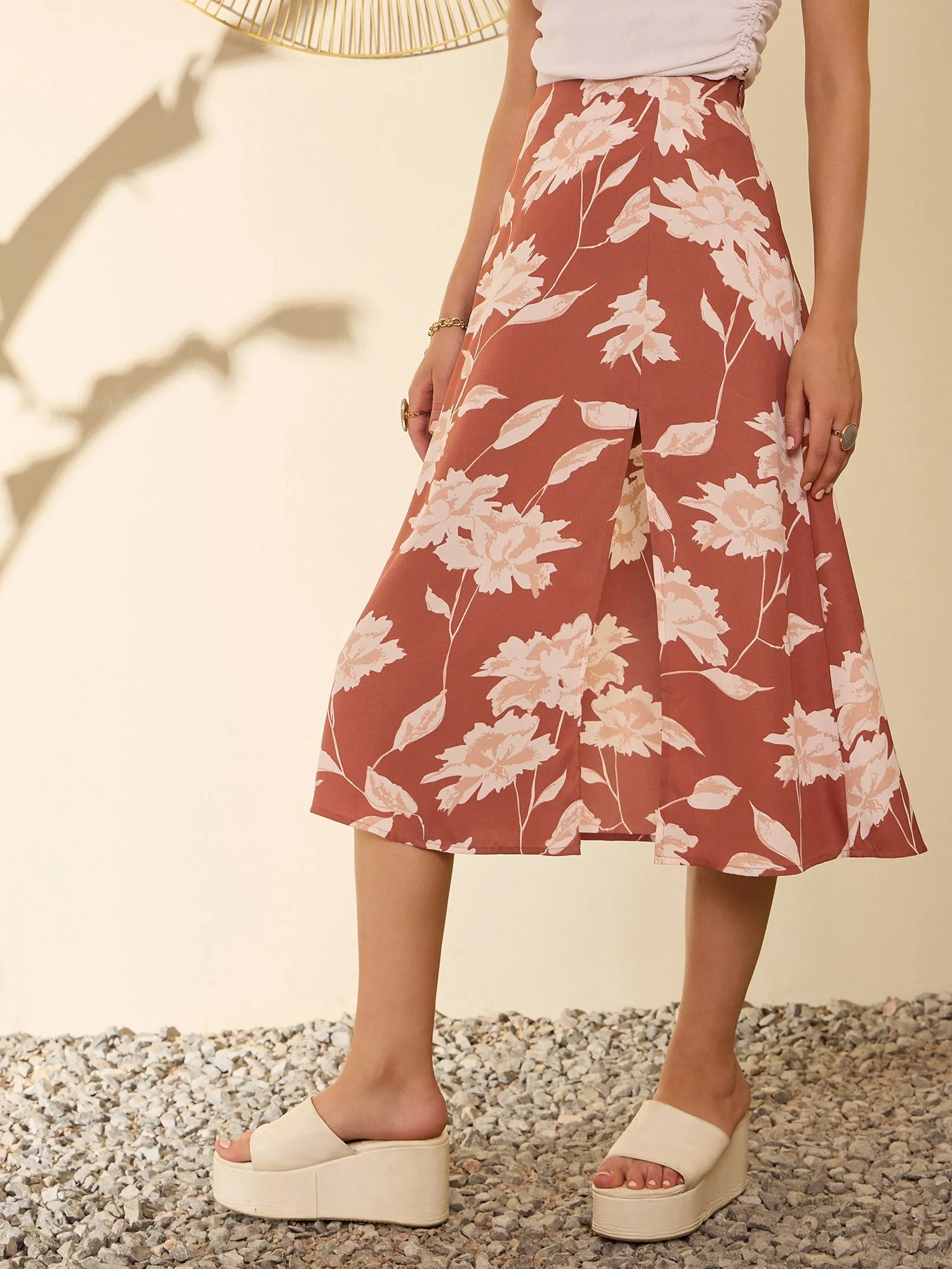 Berrylush Women Brown Floral Print High Rise A-Line Skirt