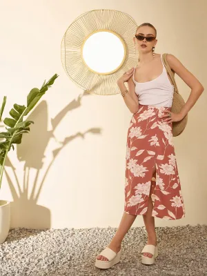 Berrylush Women Brown Floral Print High Rise A-Line Skirt