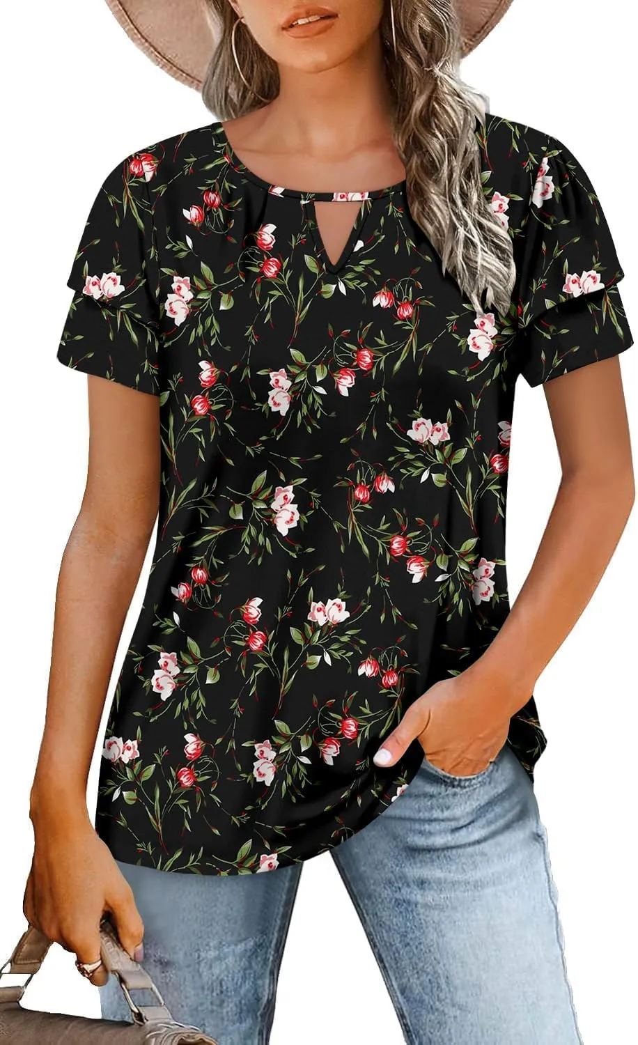 BETTE BOUTIK Womens Short Sleeve Summer Tops Pleated Tunic Tops Shirt S-3XL