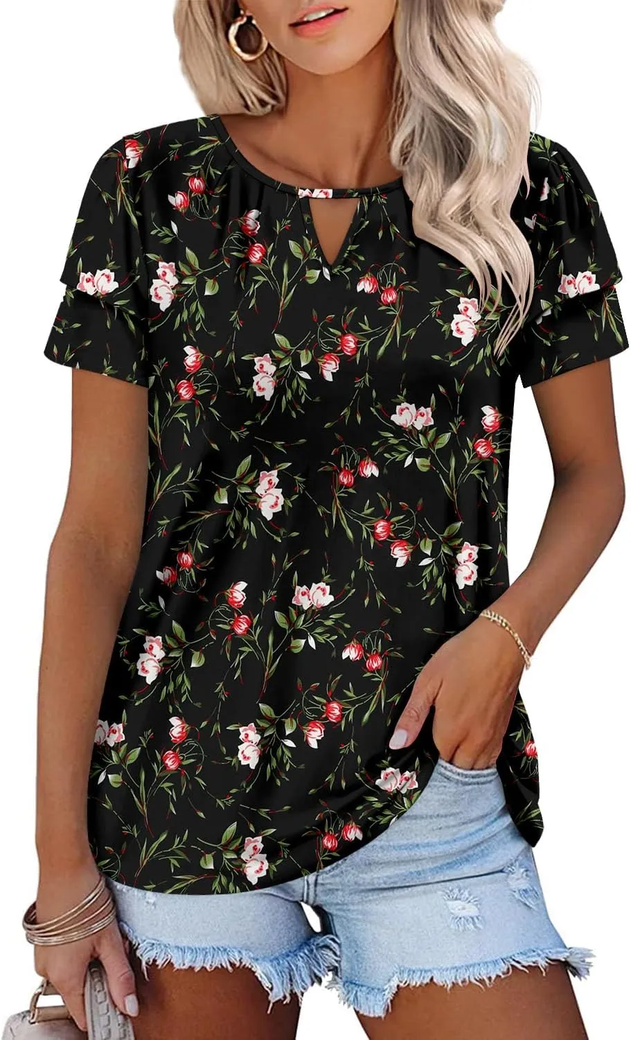 BETTE BOUTIK Womens Short Sleeve Summer Tops Pleated Tunic Tops Shirt S-3XL
