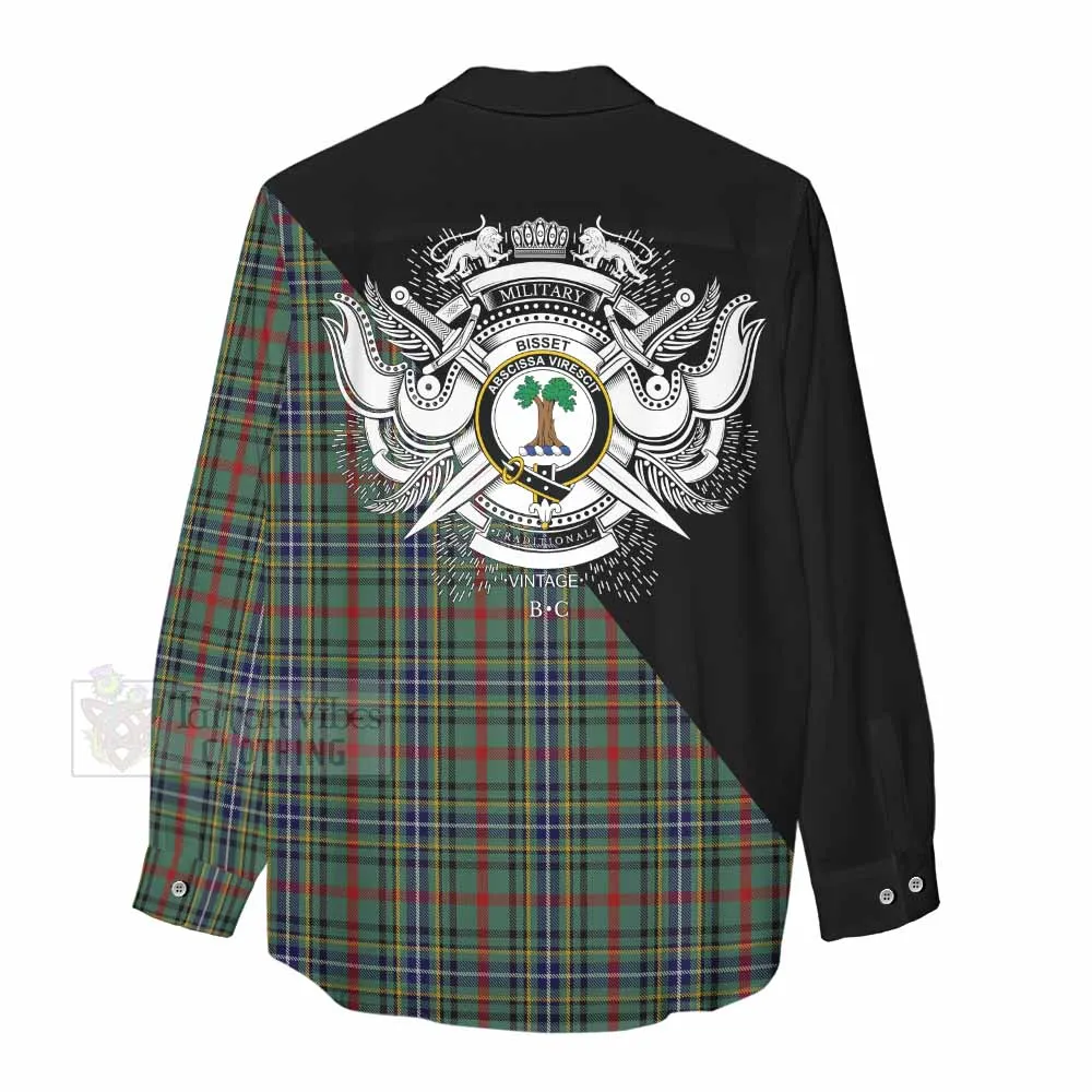 Bisset Tartan Women's Casual Shirt with Family Crest and Military Logo Style