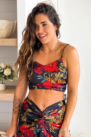 Black And Red Floral Satin Crop Top