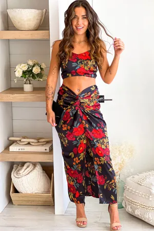 Black And Red Floral Satin Skirt