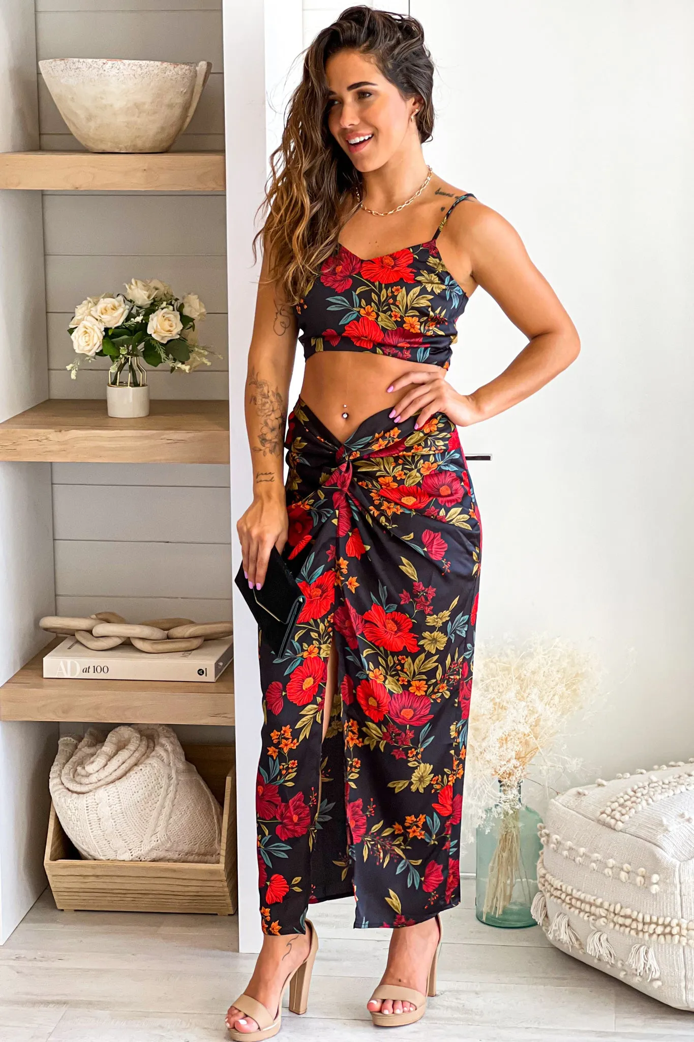 Black And Red Floral Satin Skirt