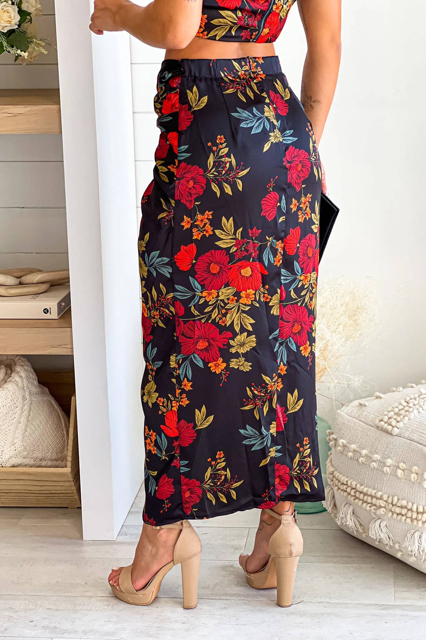 Black And Red Floral Satin Skirt