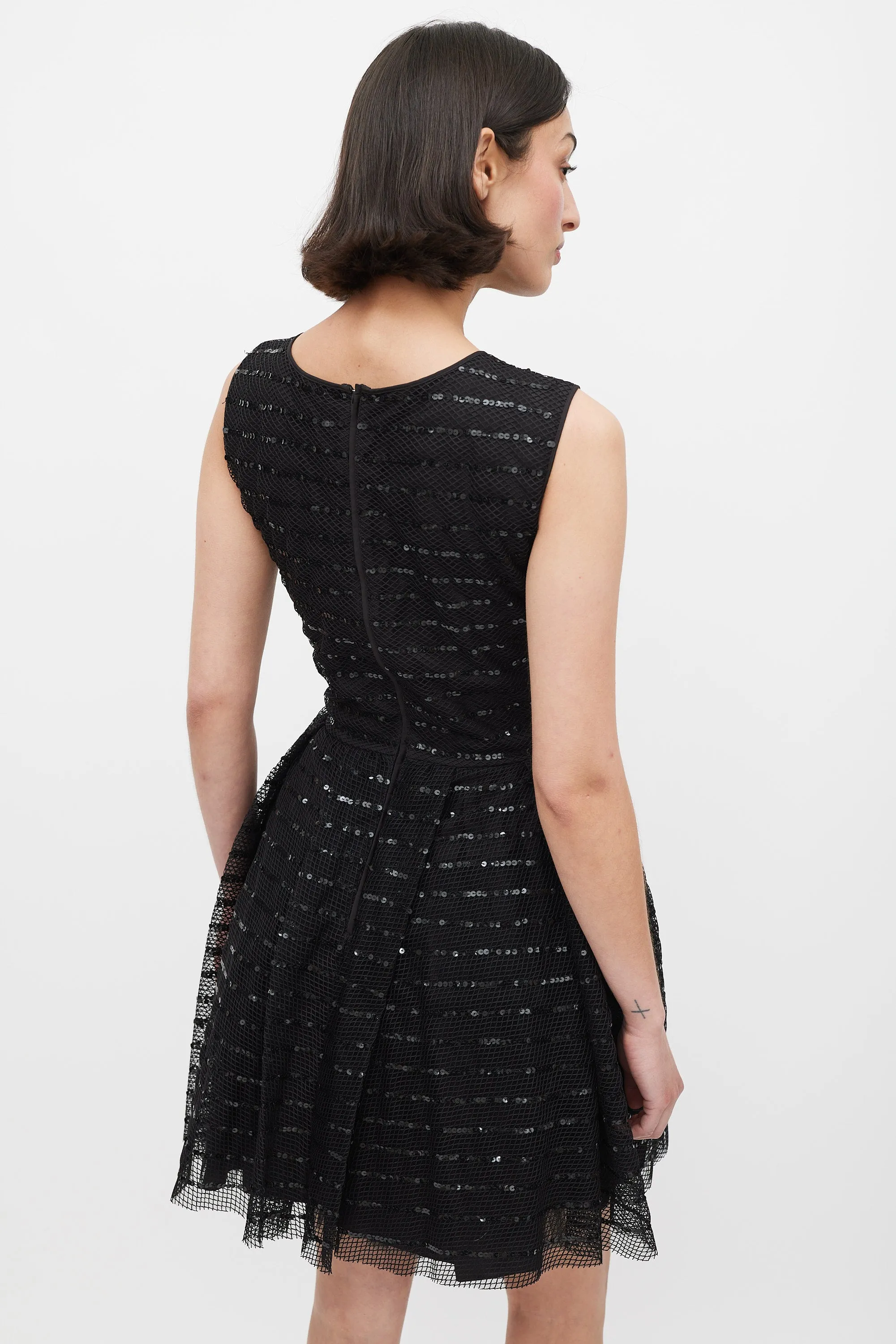 Black Mesh Sequinned Stripe A-Line Dress