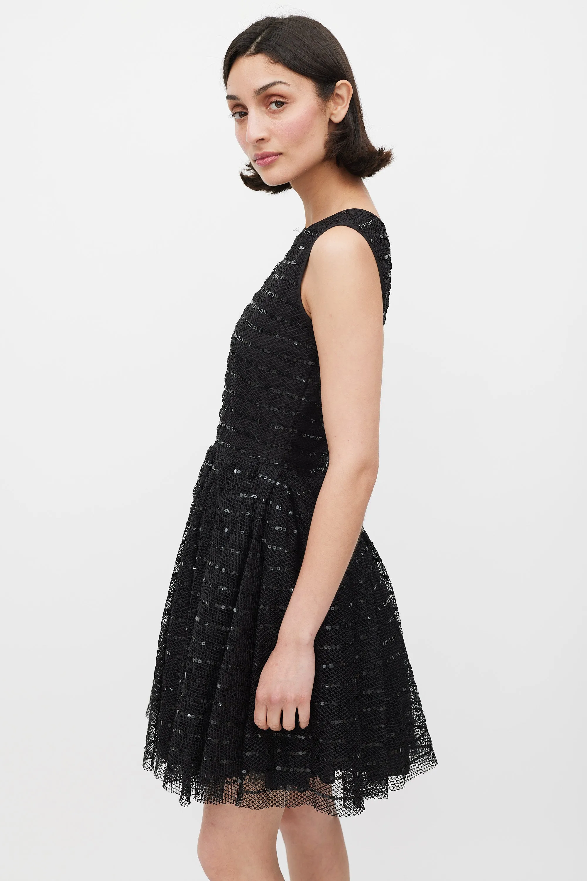 Black Mesh Sequinned Stripe A-Line Dress