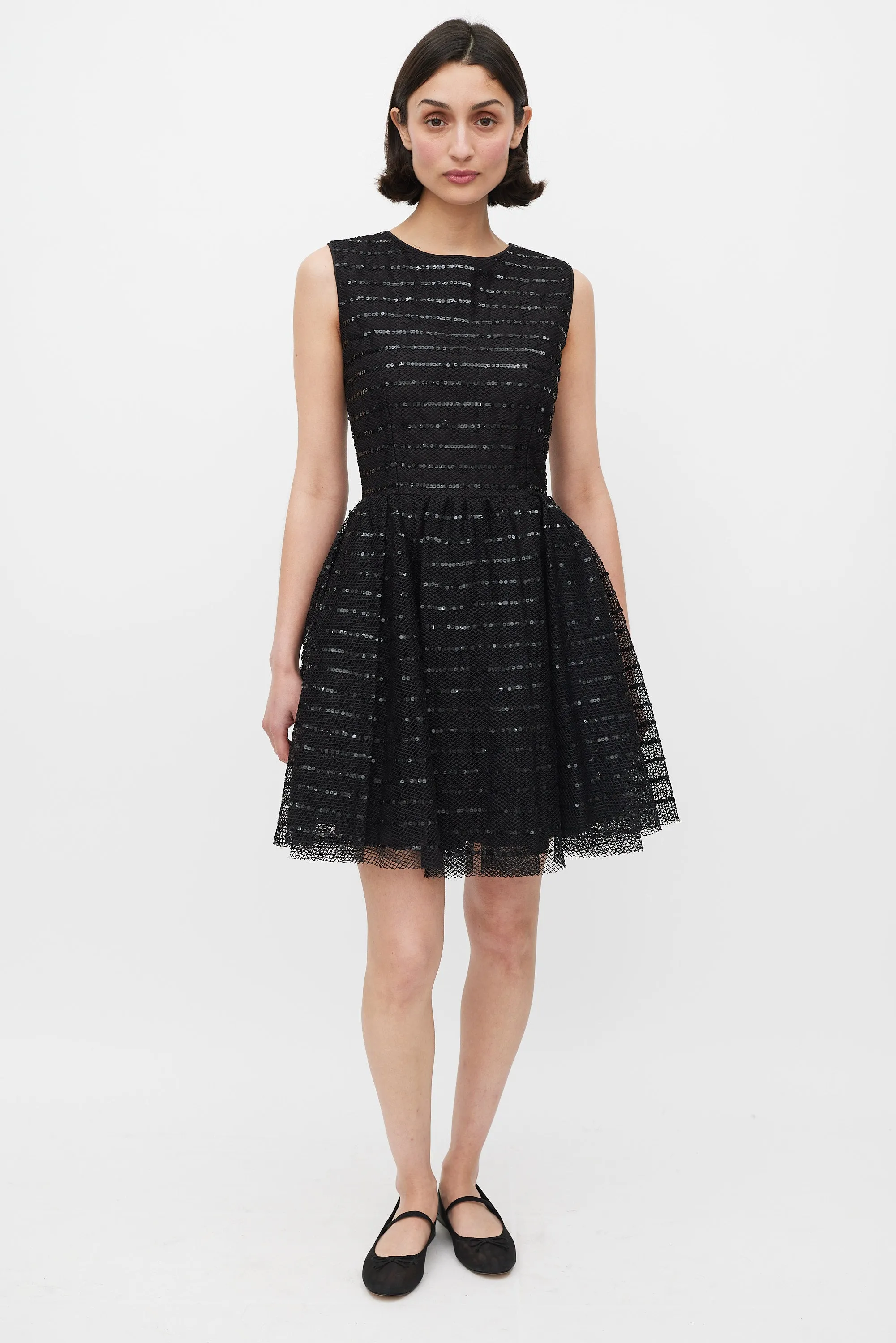 Black Mesh Sequinned Stripe A-Line Dress