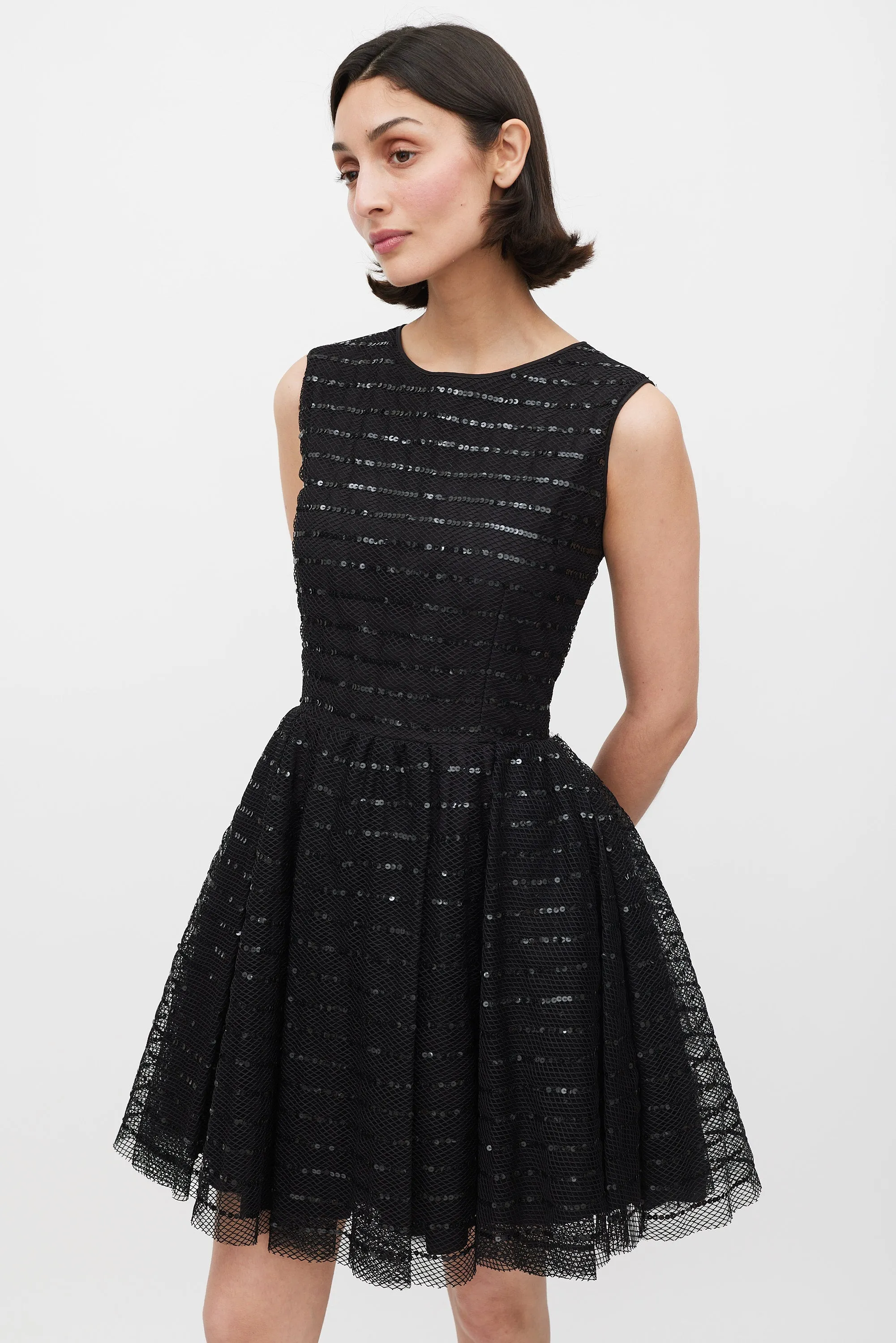Black Mesh Sequinned Stripe A-Line Dress