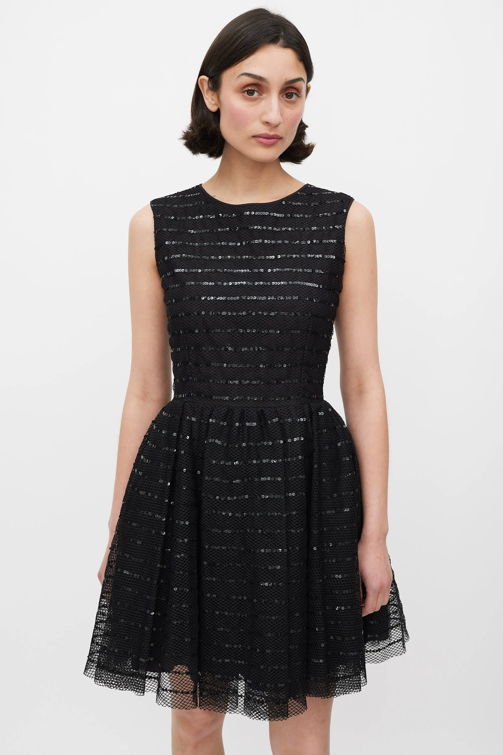 Black Mesh Sequinned Stripe A-Line Dress