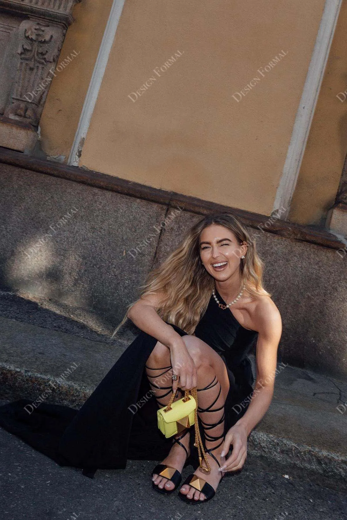 Black One Shoulder Slit Two-piece Custom Made Prom Dress