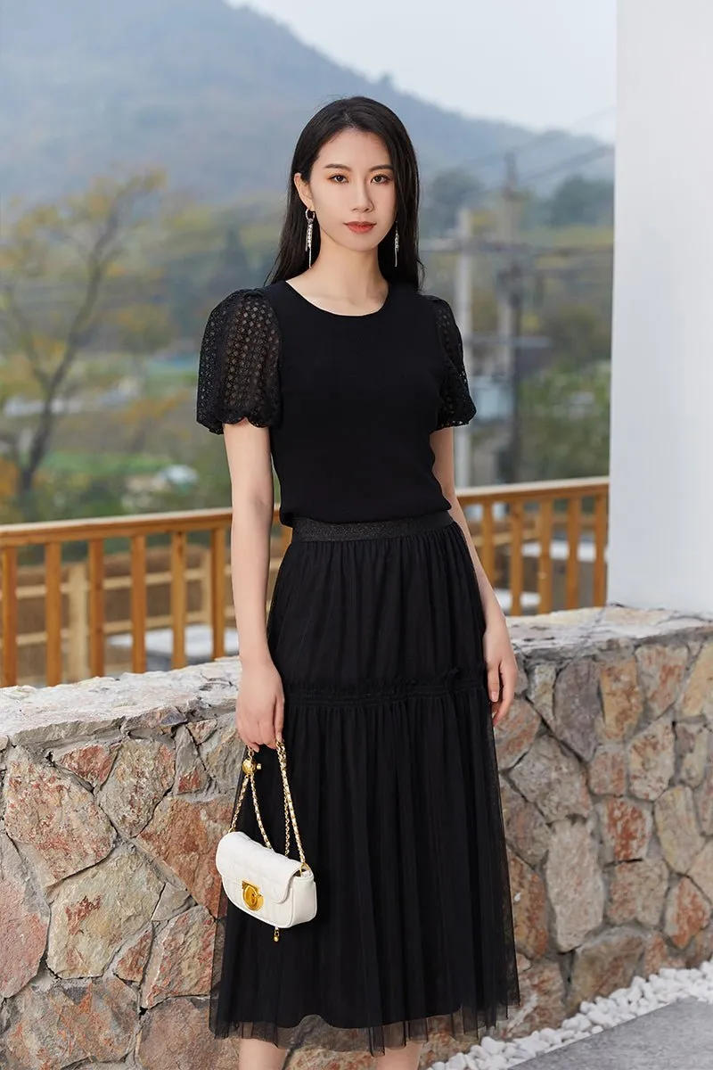 Black Puffed Slim Lace T-shirt