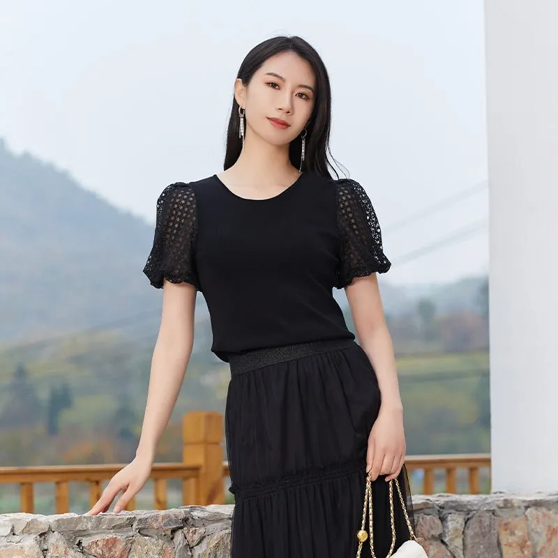 Black Puffed Slim Lace T-shirt