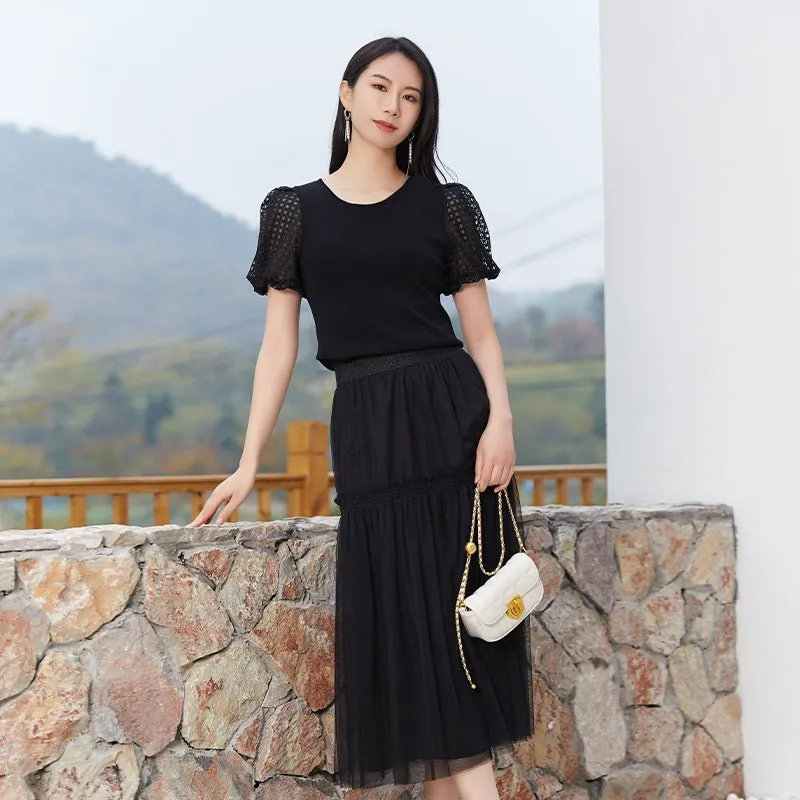 Black Puffed Slim Lace T-shirt