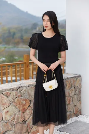 Black Puffed Slim Lace T-shirt