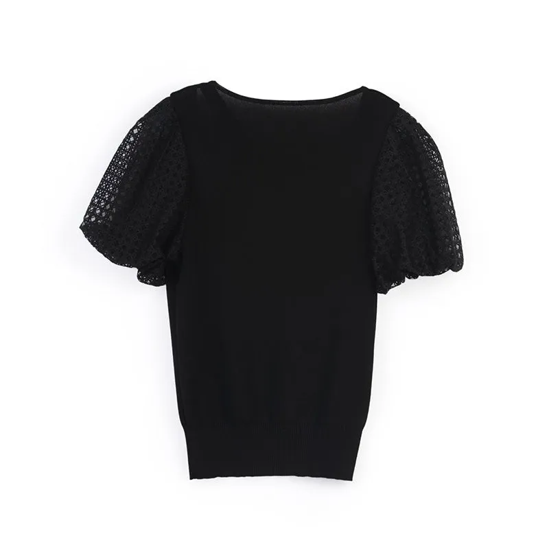 Black Puffed Slim Lace T-shirt