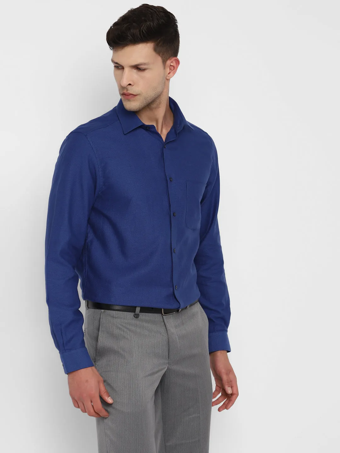 Blue Cotton Self Design Slim Fit Shirt