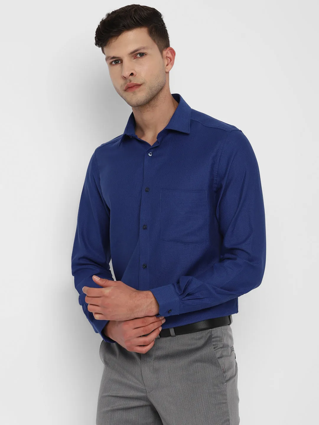 Blue Cotton Self Design Slim Fit Shirt