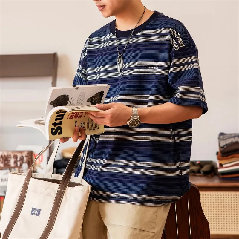 Blue Striped T-shirt Loose Fit Men's Daily Casual Tee