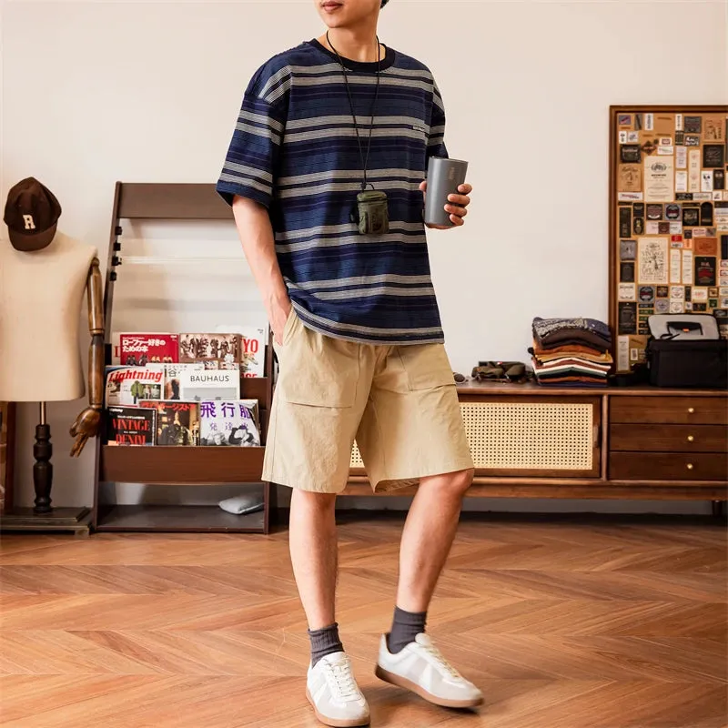Blue Striped T-shirt Loose Fit Men's Daily Casual Tee