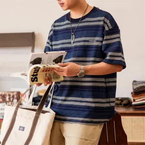 Blue Striped T-shirt Loose Fit Men's Daily Casual Tee