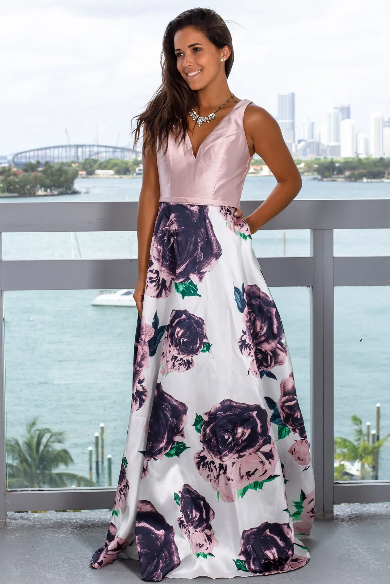 Blush Floral Maxi Dress with Pockets