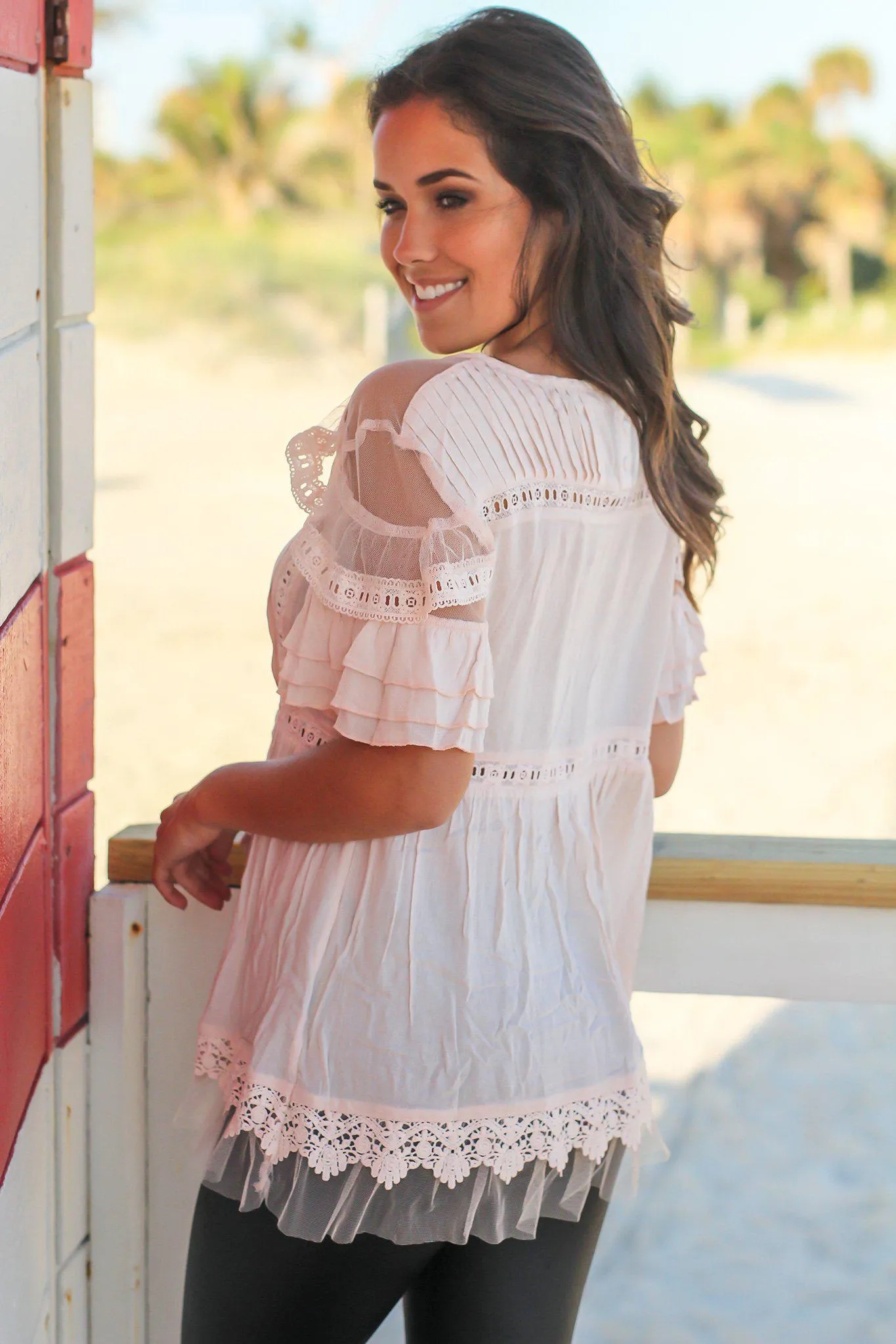 Blush Top with Pleated Front and Mesh Detail