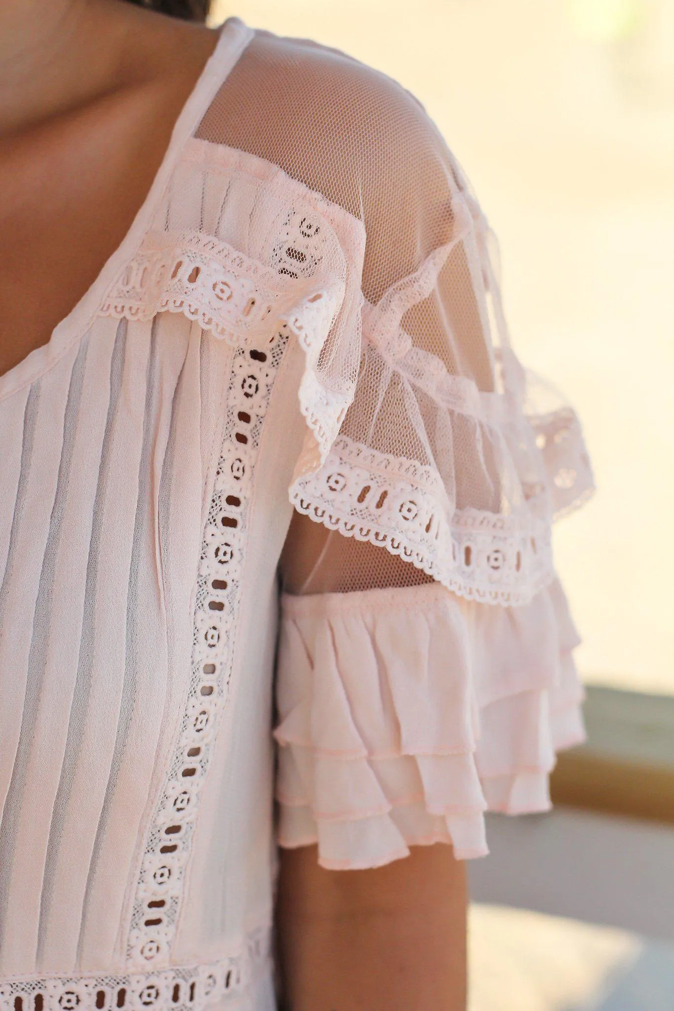 Blush Top with Pleated Front and Mesh Detail